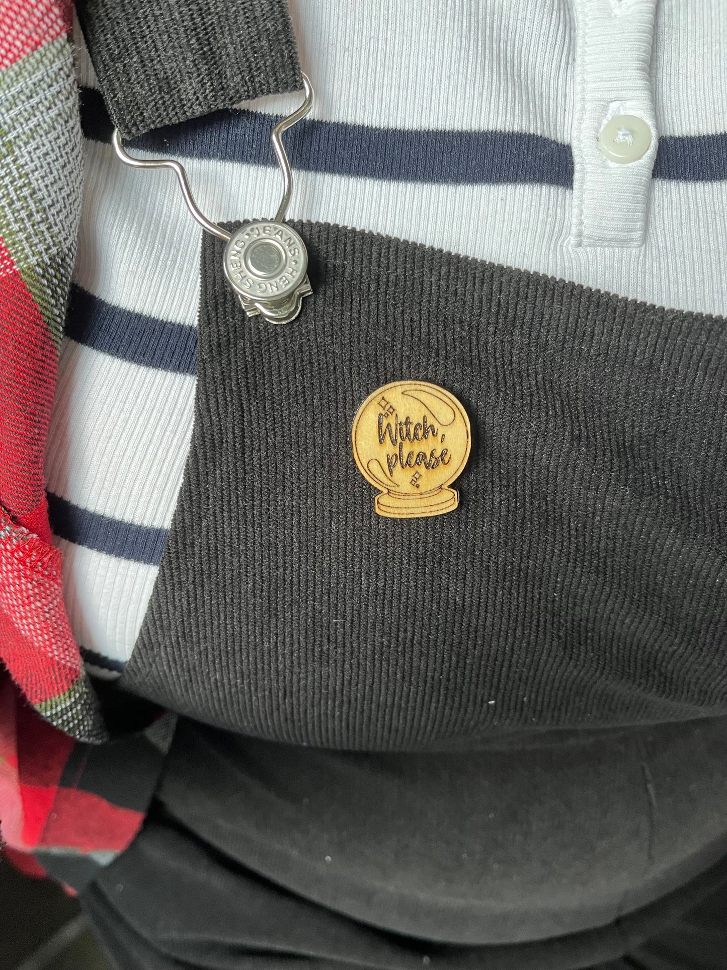 Pins | Wooden Pin Badge - ‘Witch, Please’ Crystal Ball - Halloween Accessory