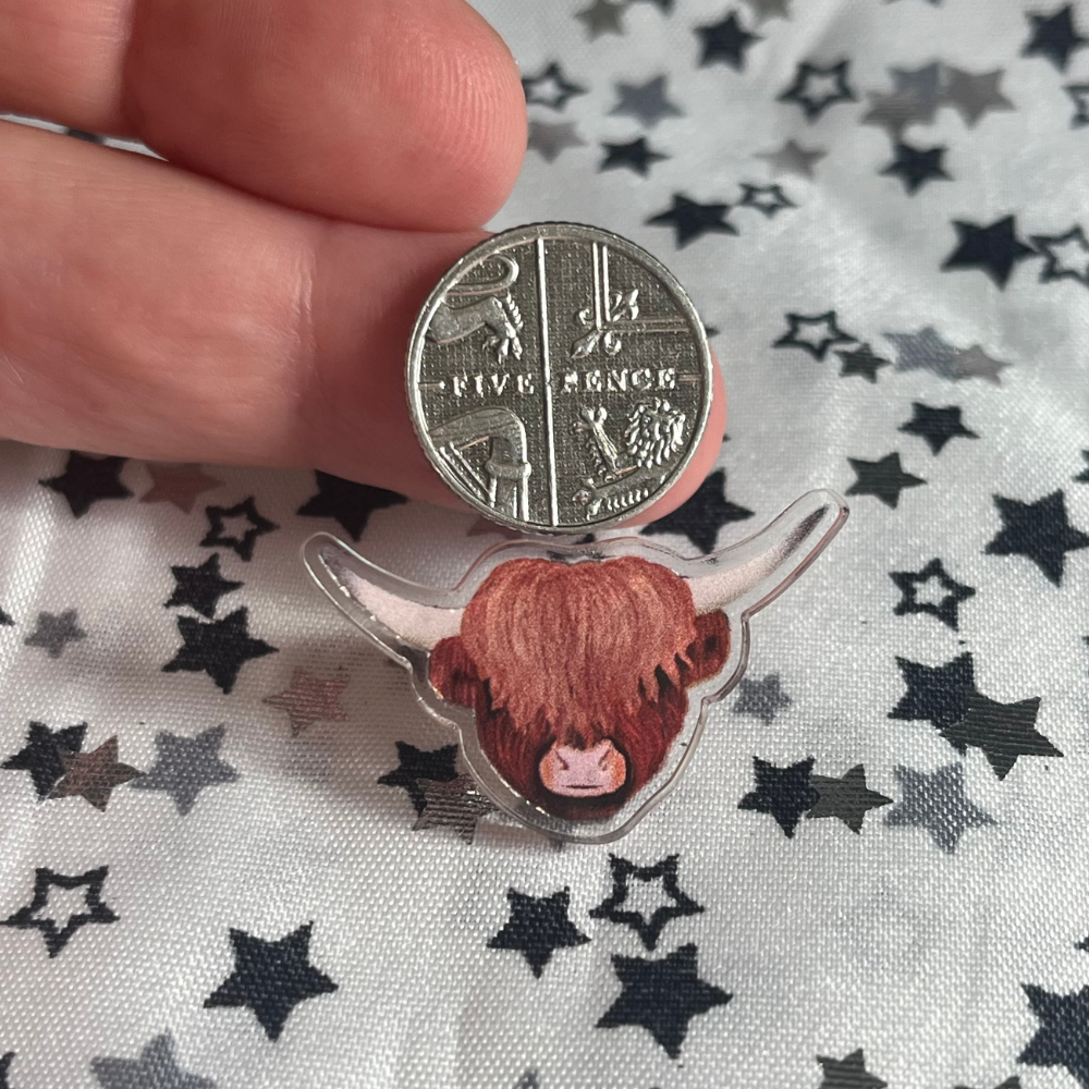 Pins | 25mm Acrylic Pin | Highland Cow| Illustrated lapel pin badge