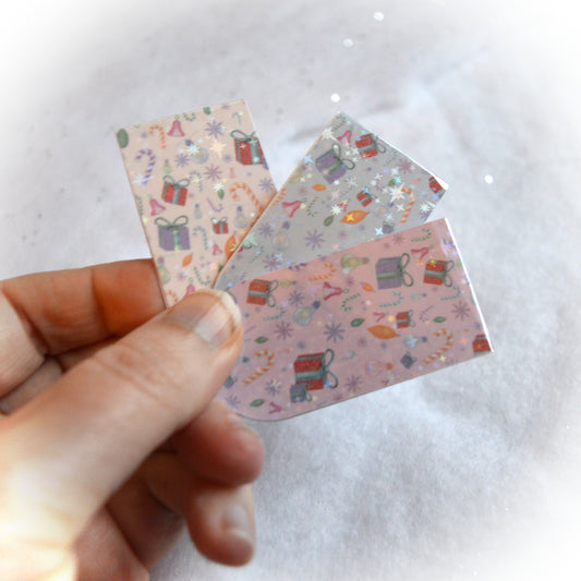 Christmas Collection - Retro Pastel Christmas Magnetic Bookmark - Blue Background with Vintage Christmas Pattern - Sparkling Holographic Lamination