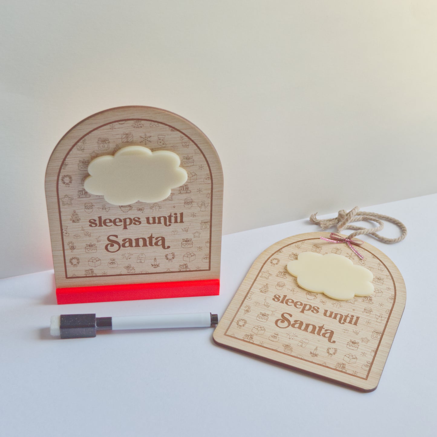Christmas Collection - Countdown to Christmas - Sleeps Until Santa - Reusable Wooden and Acrylic Standing Sign with Dry Wipe Pen