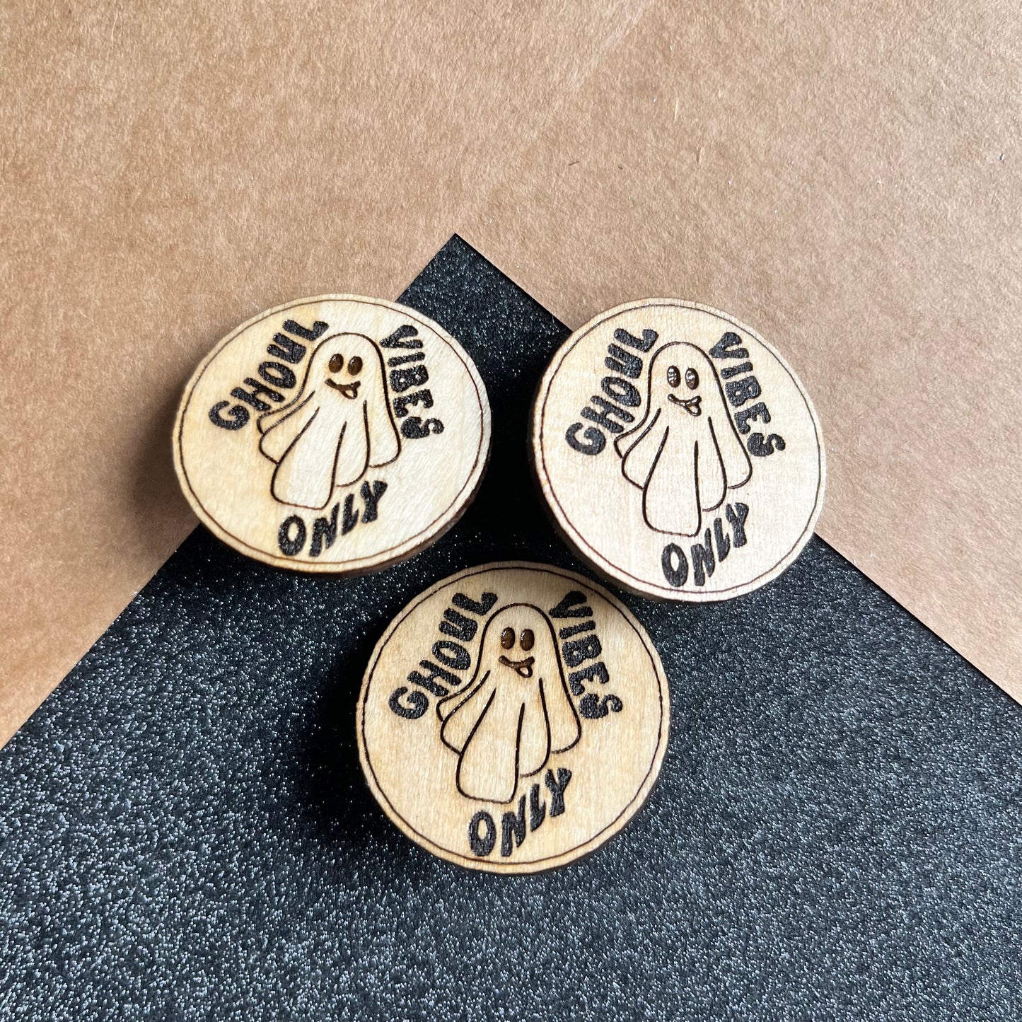Wooden Pin Badge - ‘Ghoul Vibes Only’ Cheeky ghost - Halloween Accessory