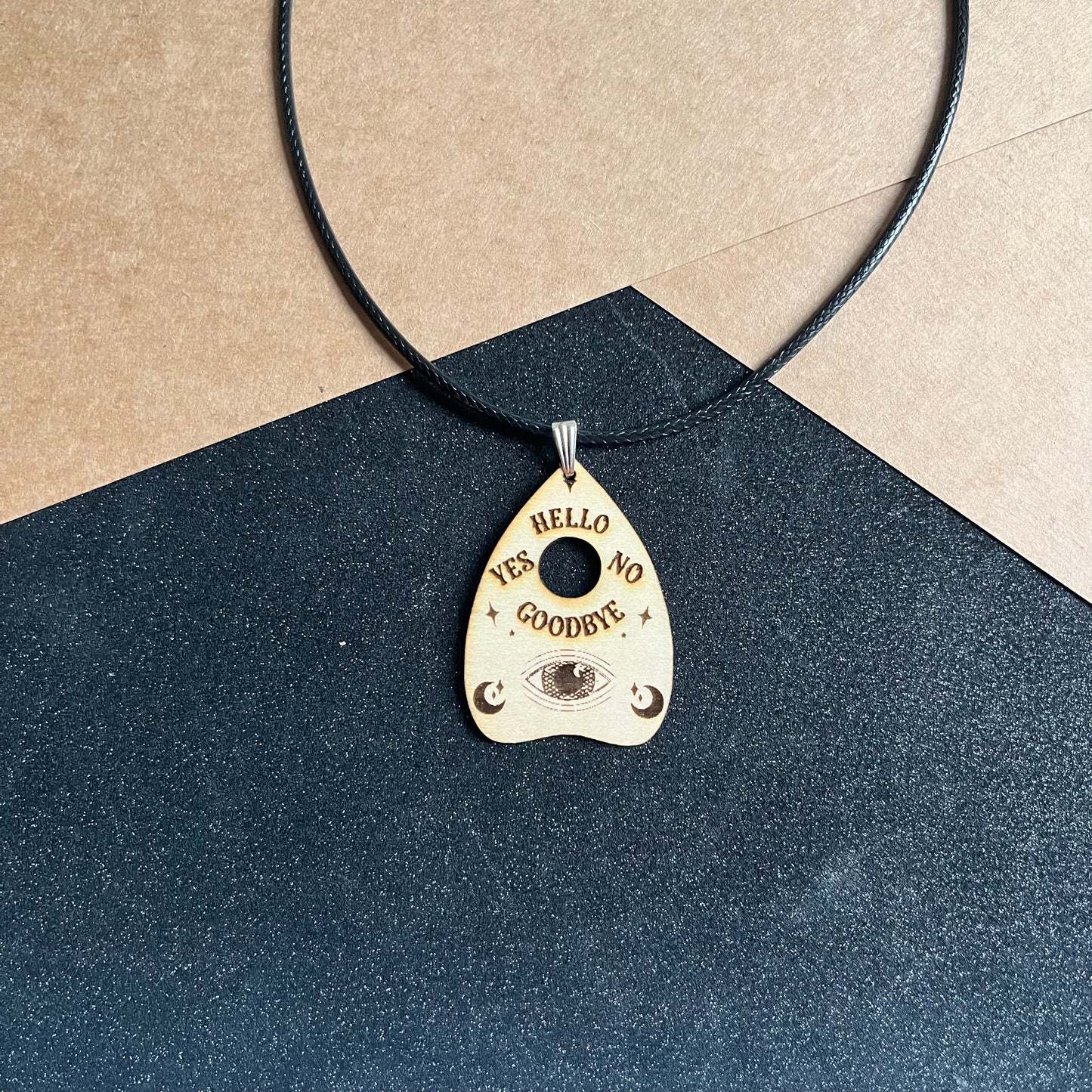 Laser cut wooden planchette charm waxed cord necklace