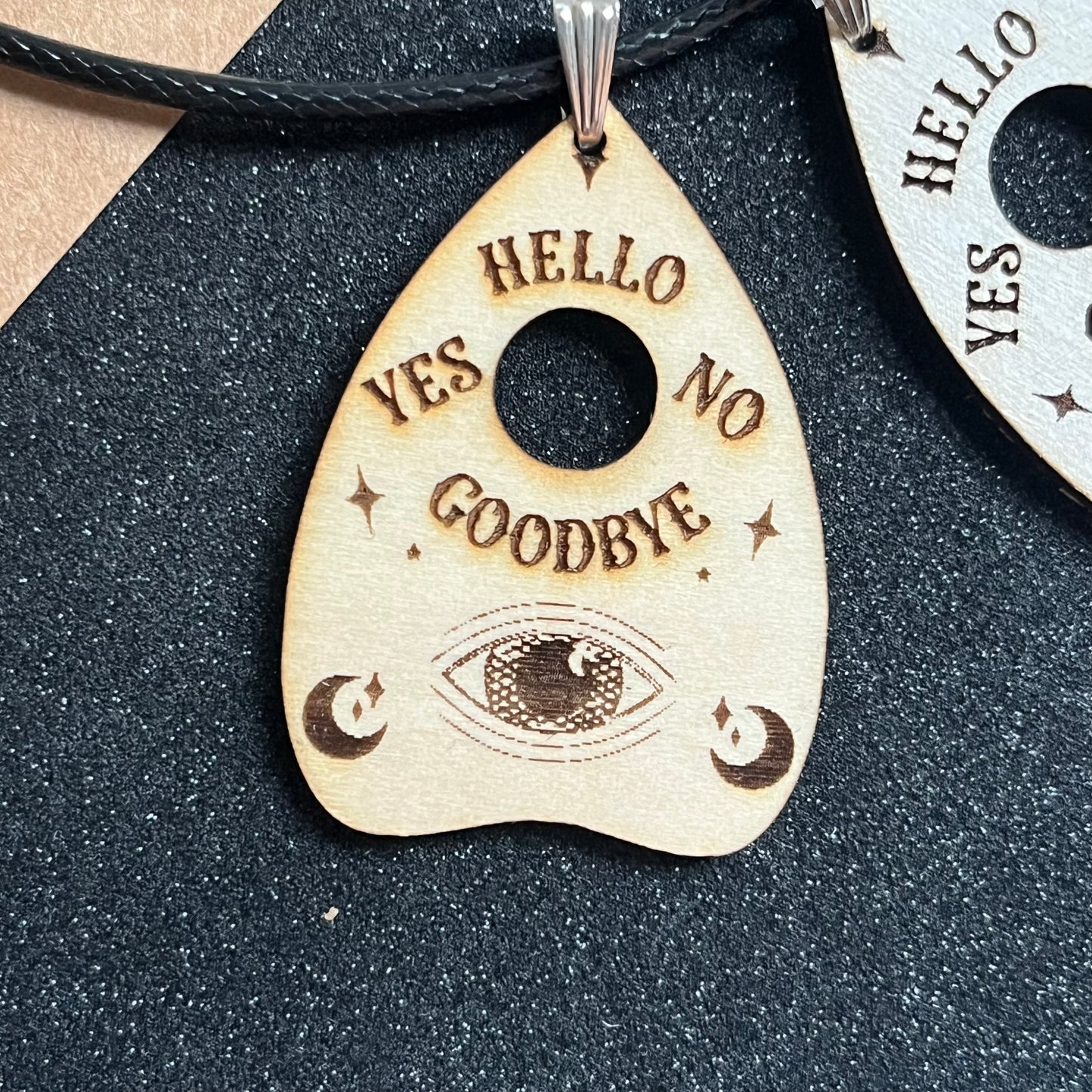Laser cut wooden planchette charm waxed cord necklace