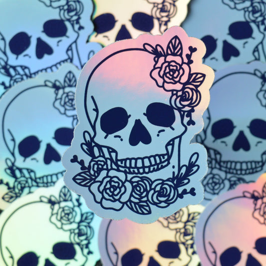 Vinyl Holographic Halloween Sticker | Skull with flowers | Laptop phone iridescent sticker