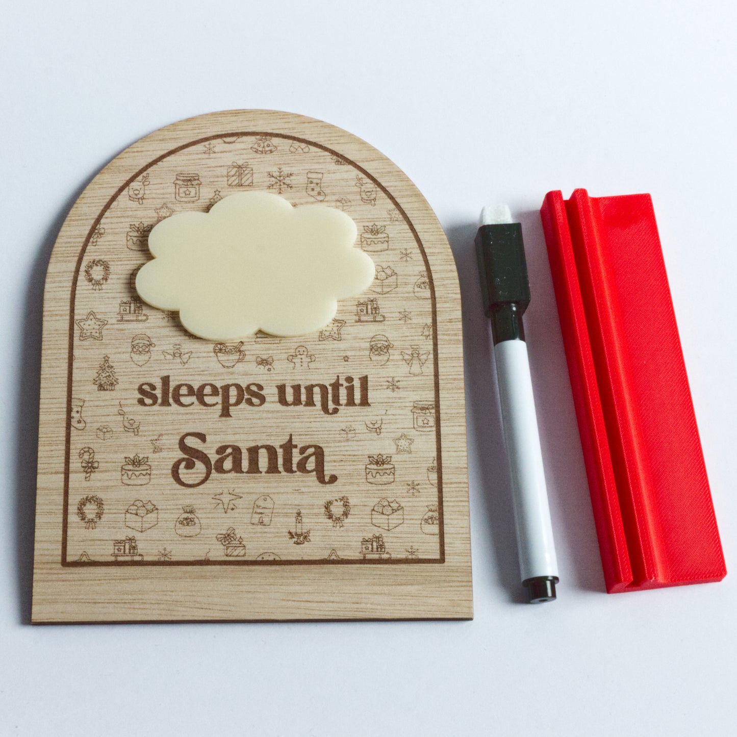 Christmas Collection - Countdown to Christmas - Sleeps Until Santa - Reusable Wooden and Acrylic Standing Sign with Dry Wipe Pen