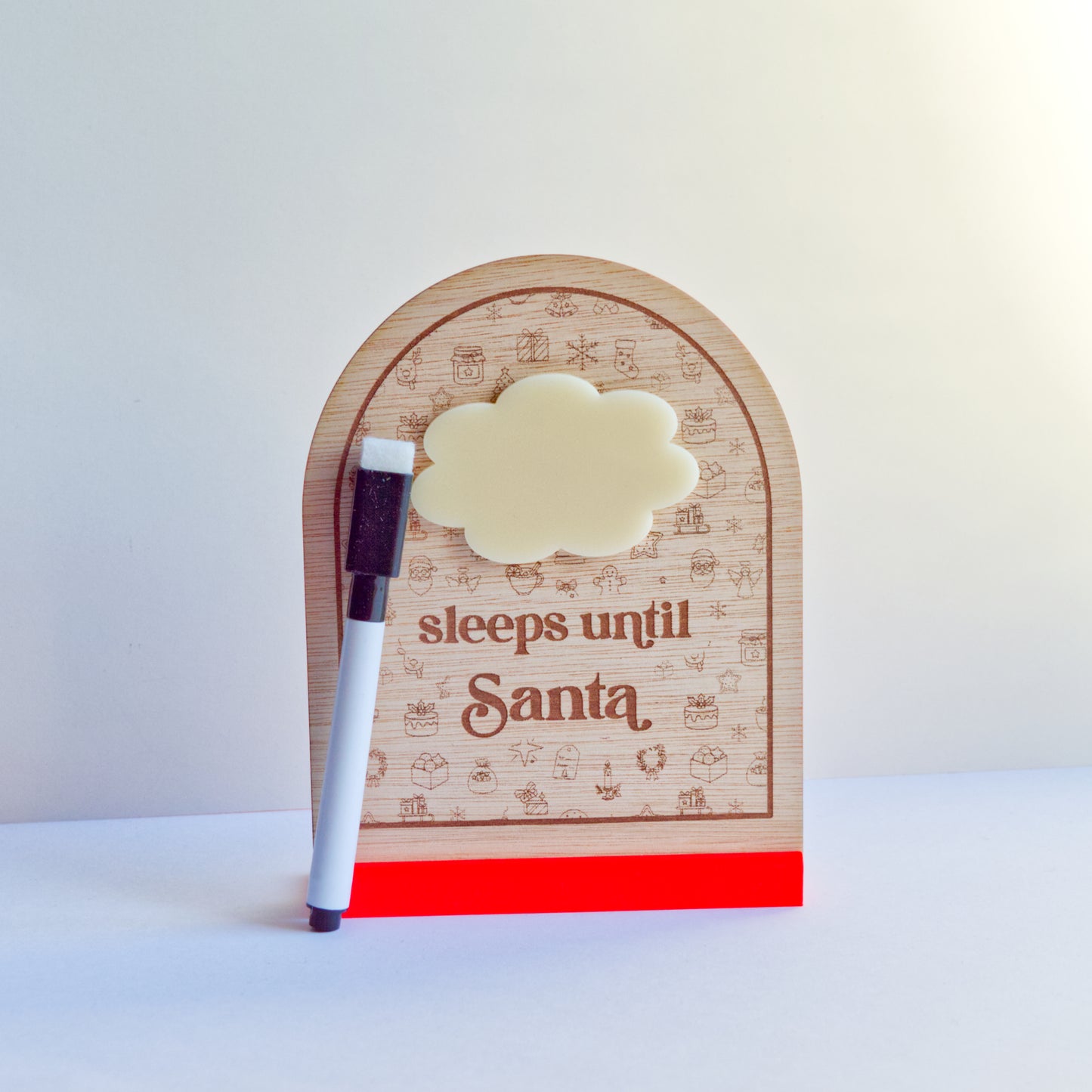 Christmas Collection - Countdown to Christmas - Sleeps Until Santa - Reusable Wooden and Acrylic Standing Sign with Dry Wipe Pen