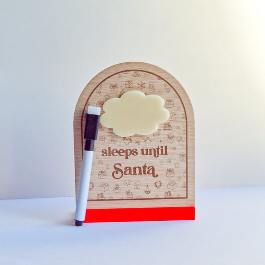 Christmas Collection - Countdown to Christmas - Sleeps Until Santa - Reusable Wooden and Acrylic Standing Sign with Dry Wipe Pen