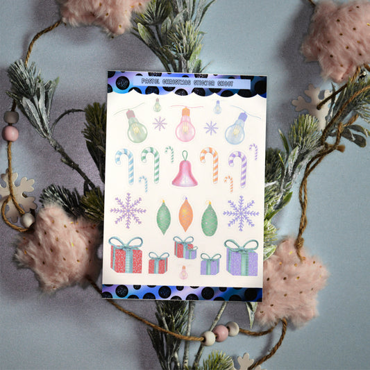 Christmas Collection - Retro Pastel Christmas Sticker Sheet - Lightbulbs, Snowflakes, Candy canes, and More - Matte Vinyl
