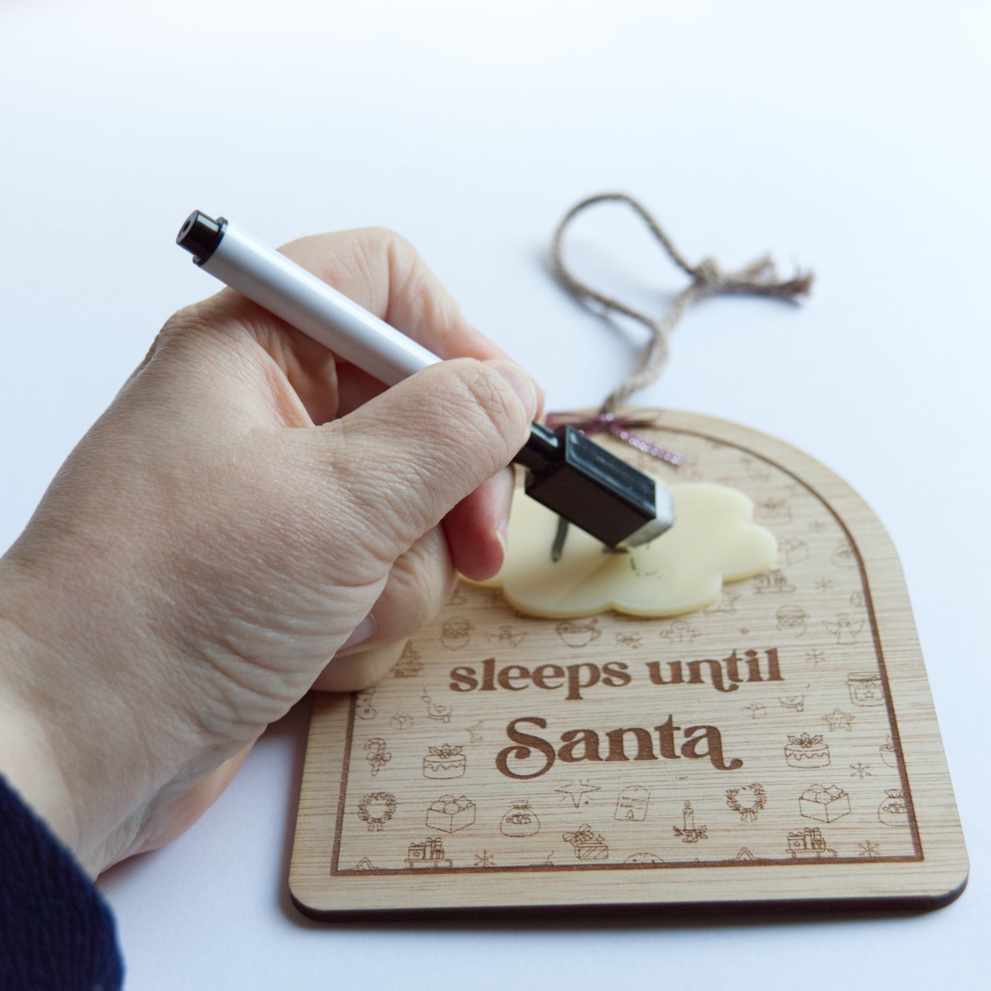 Christmas Collection - Countdown to Christmas - Sleeps Until Santa - Reusable Wooden and Acrylic Hanging Sign with Dry Wipe Pen