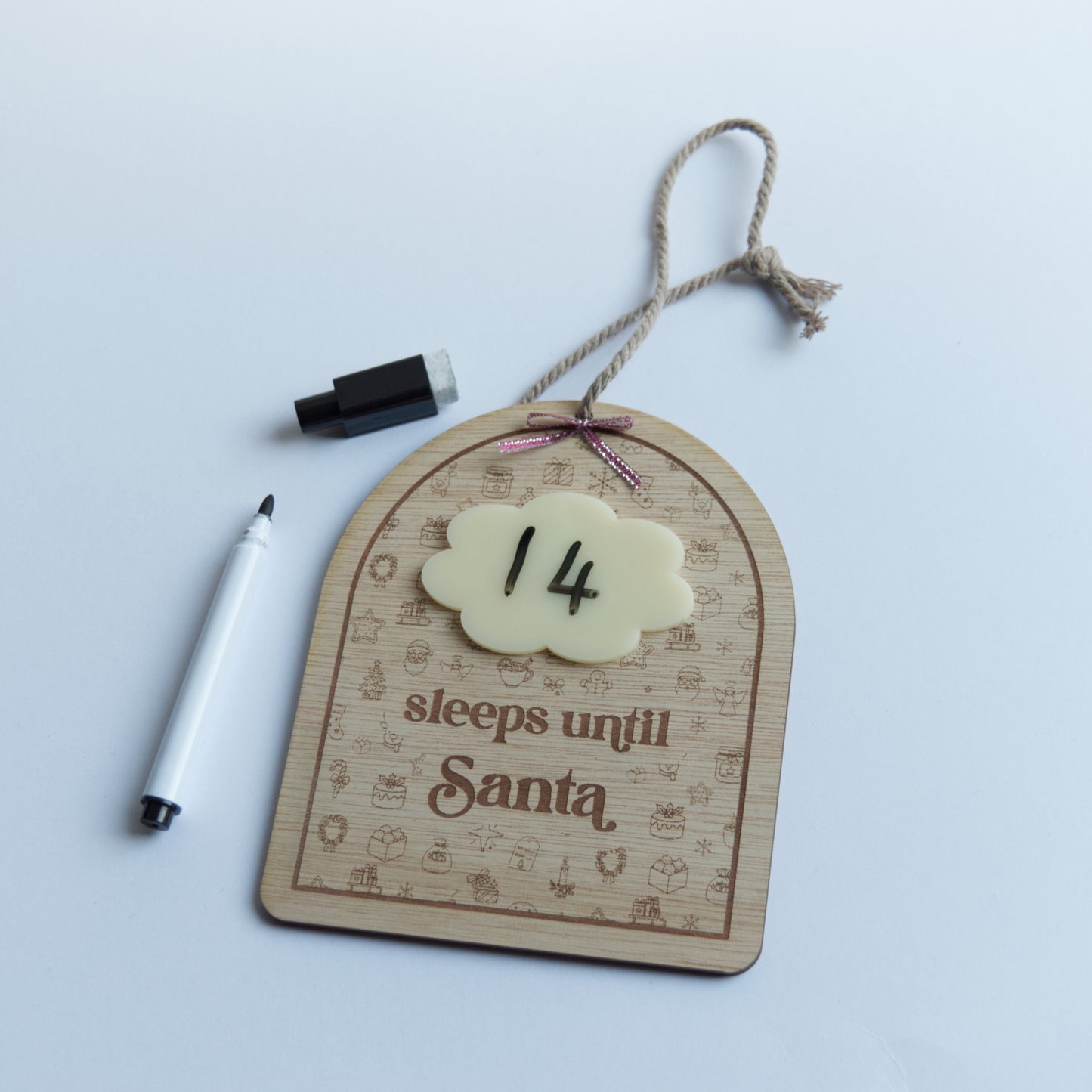 Christmas Collection - Countdown to Christmas - Sleeps Until Santa - Reusable Wooden and Acrylic Hanging Sign with Dry Wipe Pen