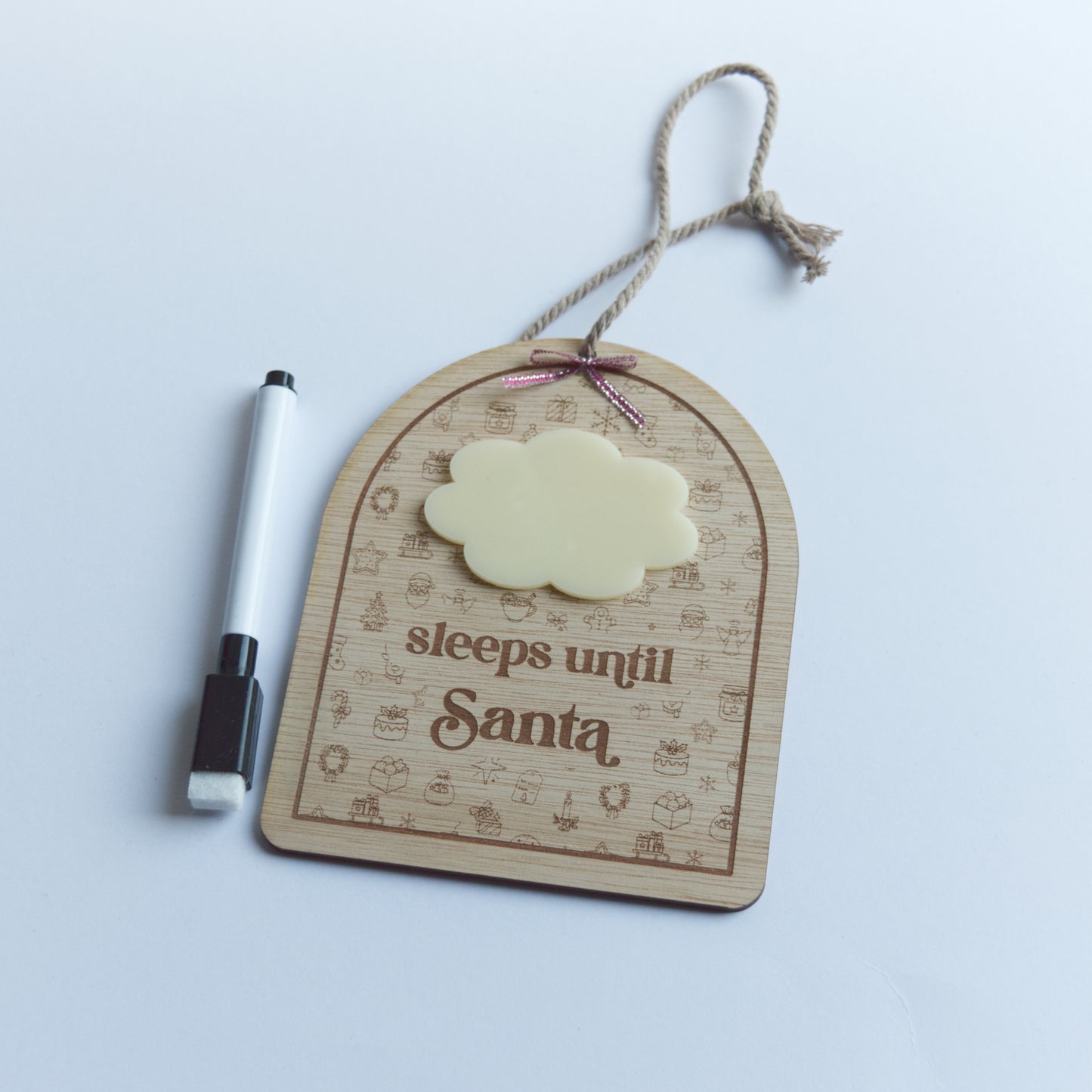 Christmas Collection - Countdown to Christmas - Sleeps Until Santa - Reusable Wooden and Acrylic Hanging Sign with Dry Wipe Pen