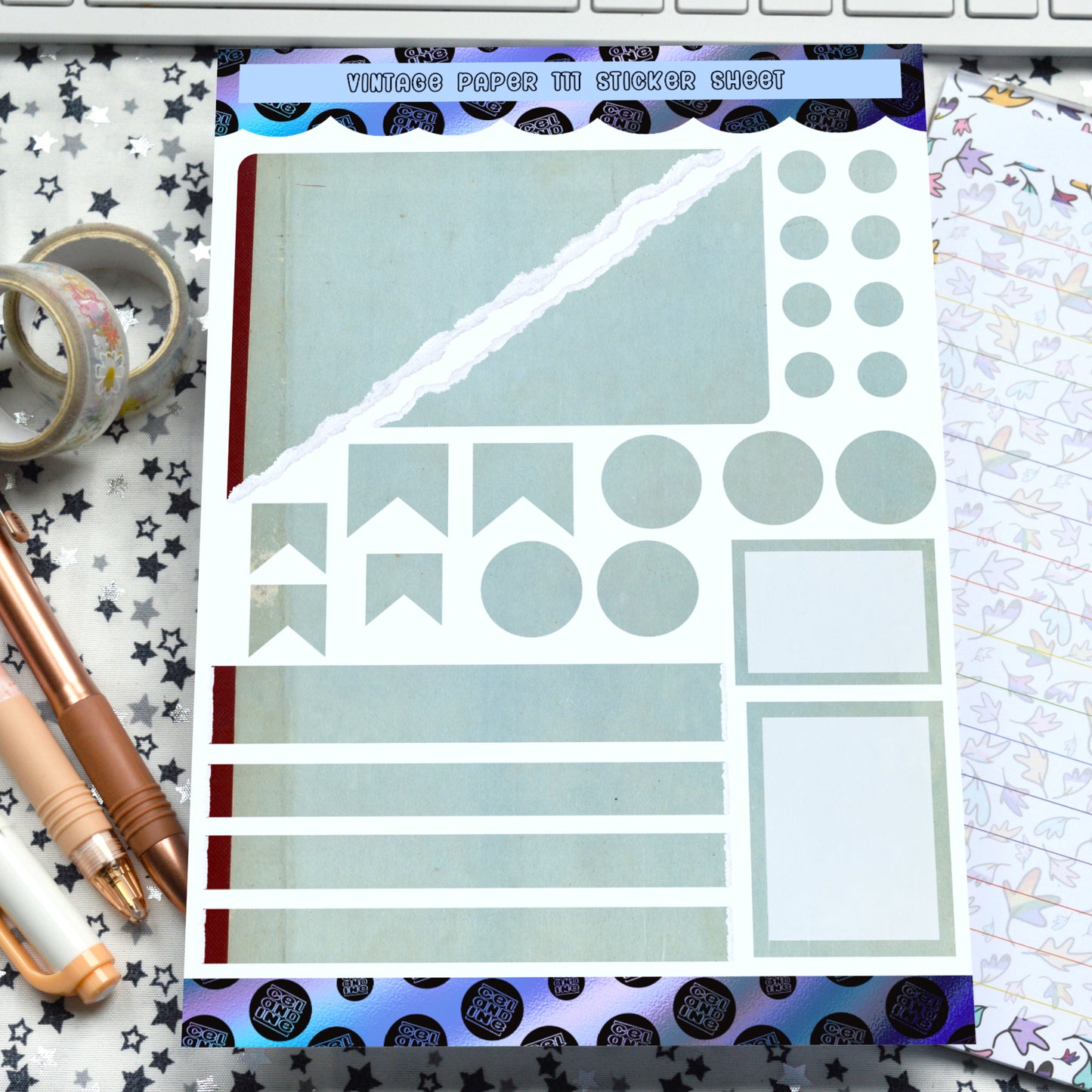 Decorative Planner Sticker Sheet | Art Journal | Junk Journal | Bullet Journal | Vintage Book Cover Design (Light Blue-Green with burgundy edge)