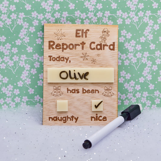 Christmas Collection - Elf Report Card Dry Wipe Board with Pen | Laser-Cut Christmas Behaviour Tracker | Optional Personalised Name