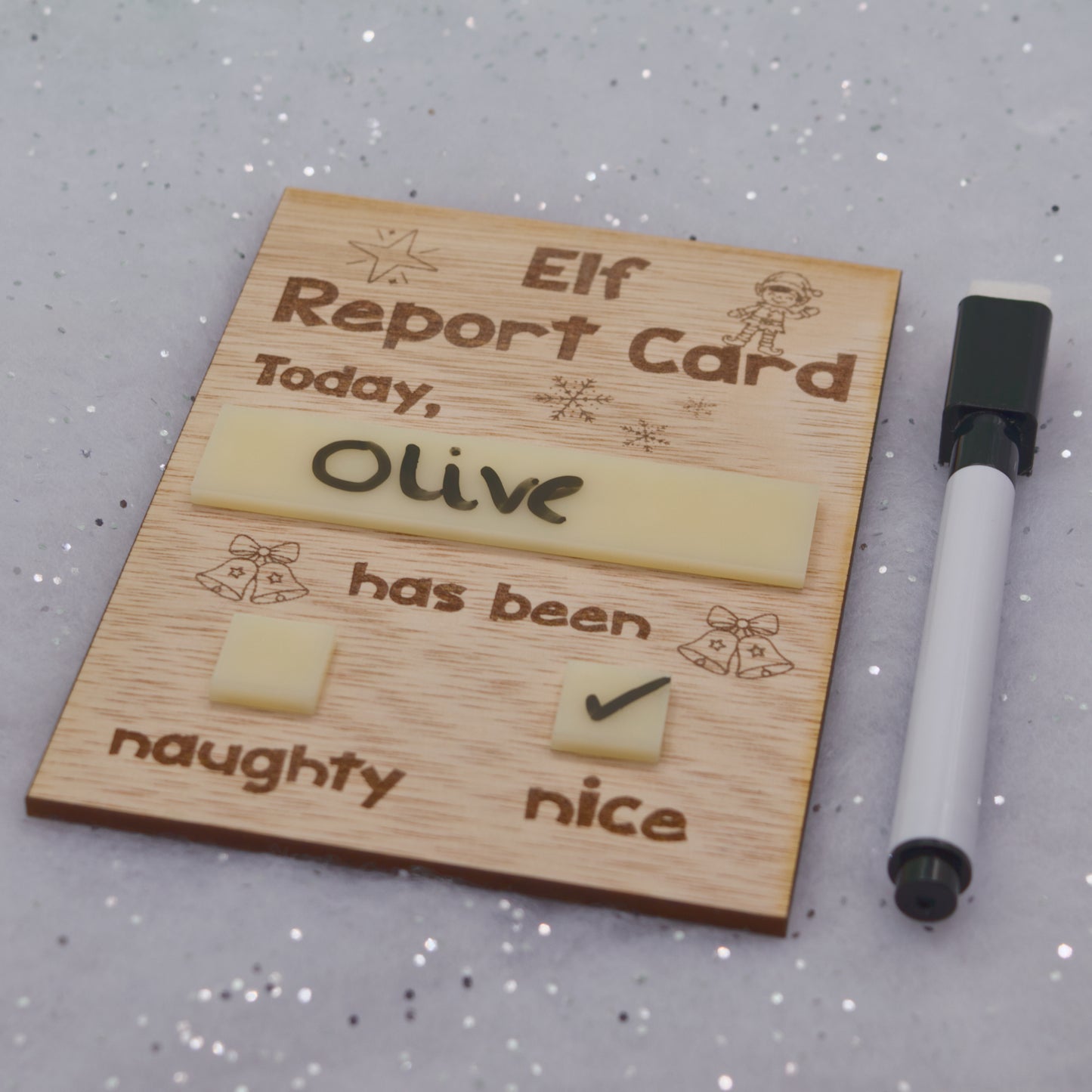 Christmas Collection - Elf Report Card Dry Wipe Board with Pen | Laser-Cut Christmas Behaviour Tracker | Optional Personalised Name